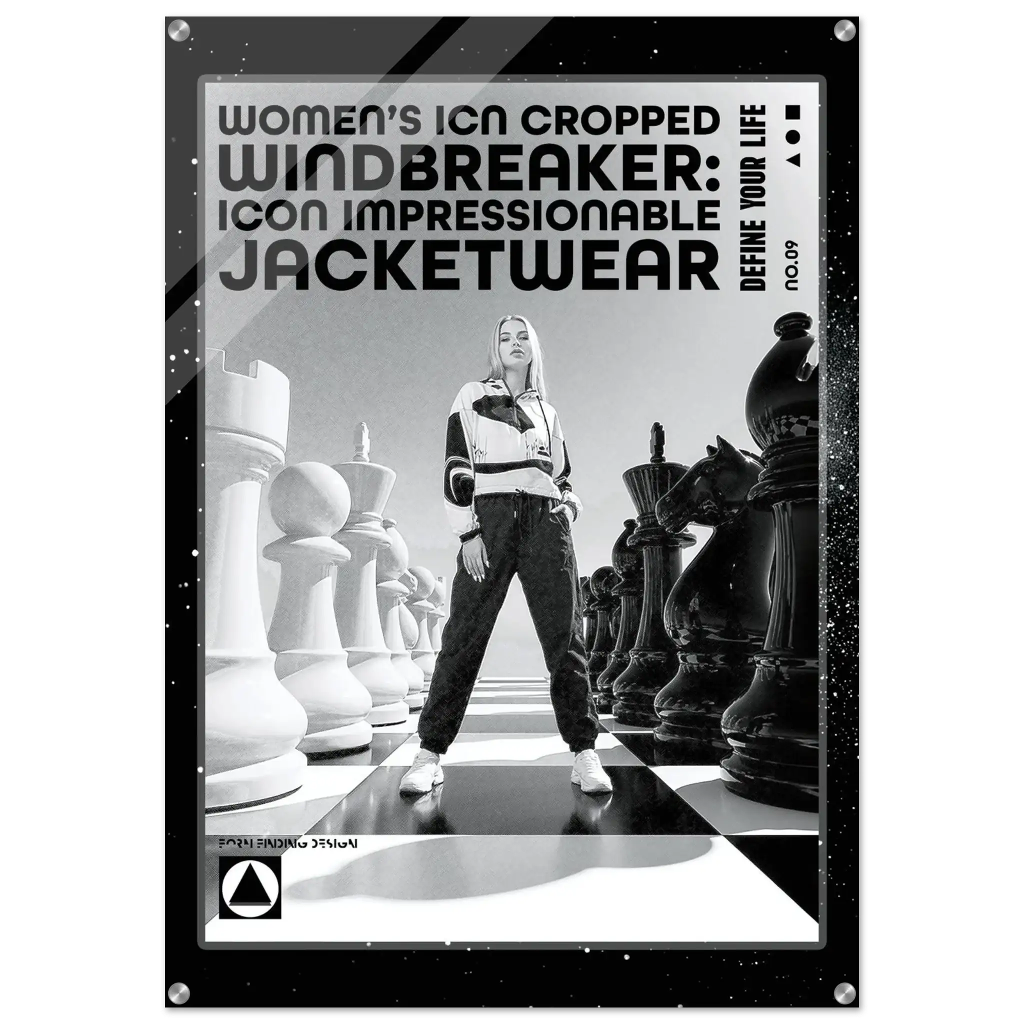 A black and white fashion poster-style graphic for women's icon-cropped windbreaker jacketwear, featuring a model standing on a chessboard with chess pieces in the background. The text reads 'WOMEN'S ICON CROPPED WINDBREAKER: ICON IMPRESSIONABLE JACKETWEAR'.