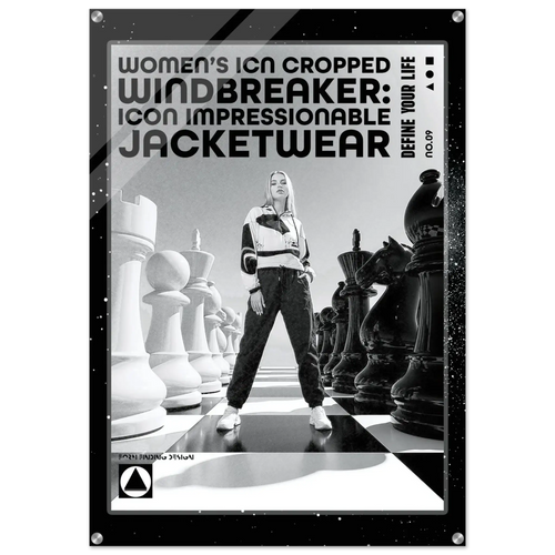 A black and white fashion poster-style graphic for women's icon-cropped windbreaker jacketwear, featuring a model standing on a chessboard with chess pieces in the background. The text reads 'WOMEN'S ICON CROPPED WINDBREAKER: ICON IMPRESSIONABLE JACKETWEAR'.