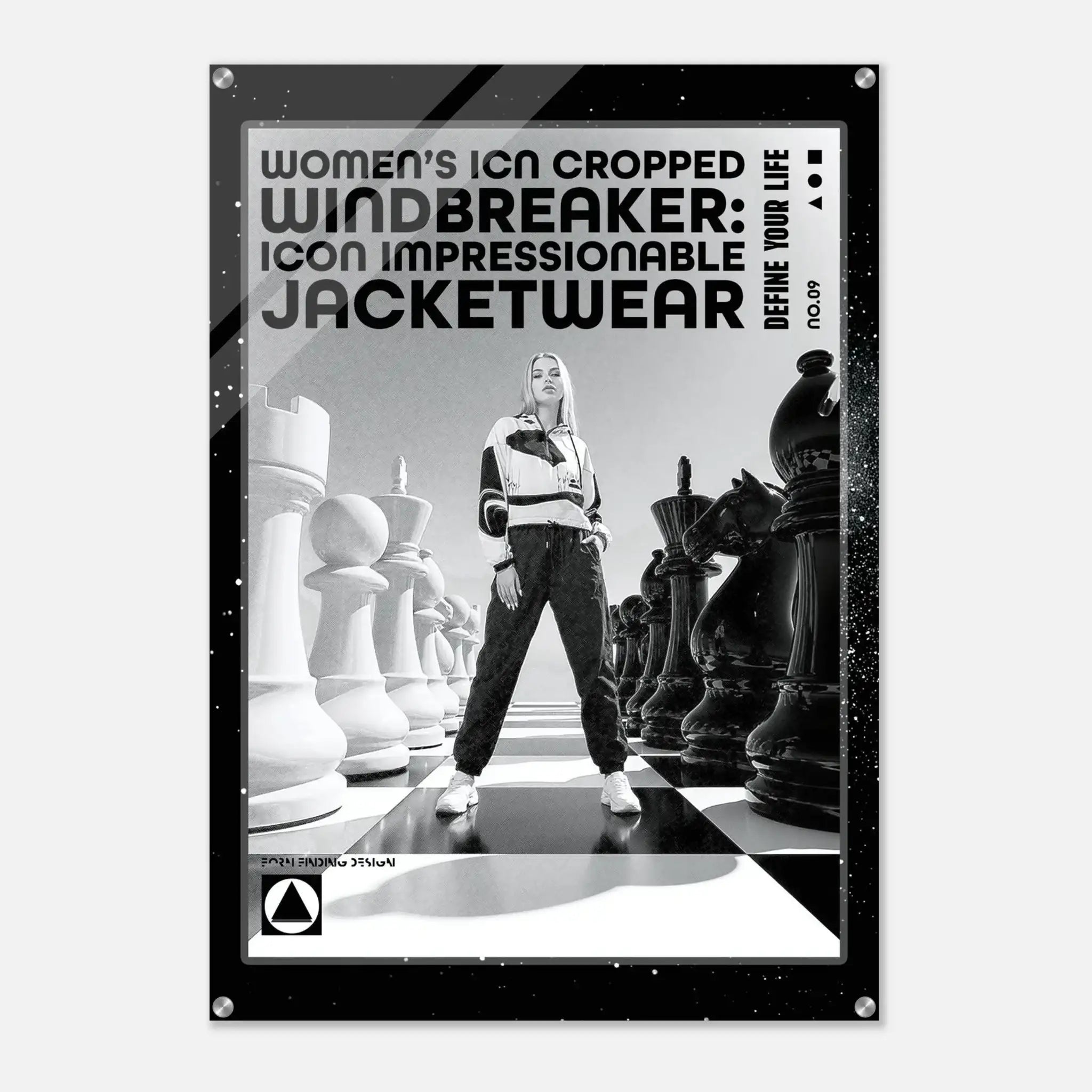 A black and white fashion poster featuring a model standing on a chessboard with oversized chess pieces, with bold text reading 'WOMEN'S ICN CROPPED WINDBREAKER: ICON IMPRESSIONABLE JACKETWEAR'.