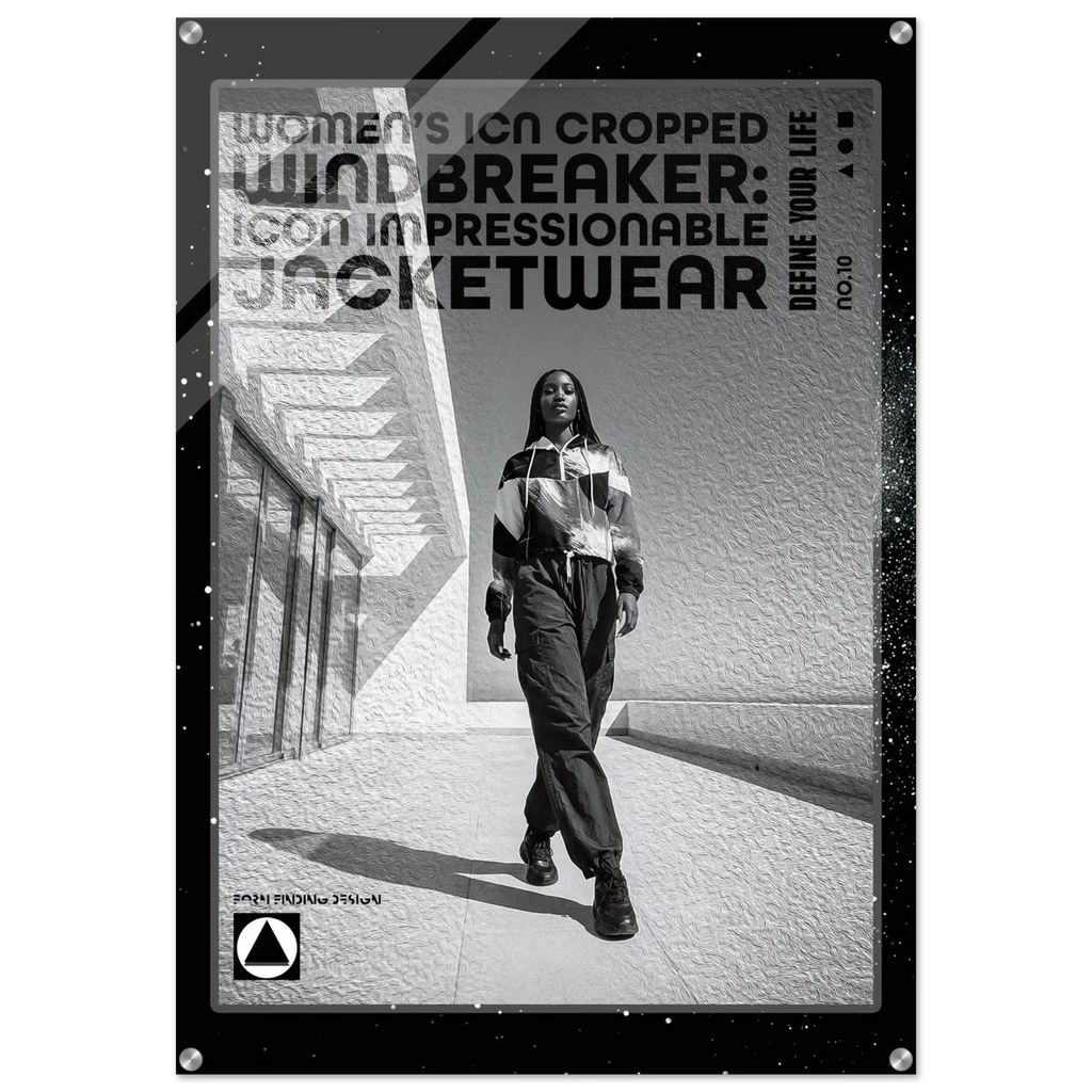 A black and white promotional poster or print featuring a woman walking outdoors in a striped jacket and pants, with large text reading 'Women's Icon Cropped Windbreaker: Icon Impressionable Jacketwear' and smaller text 'Define Your Life.' The print has a black border with small silver corner hardware and is shown against a light neutral background.