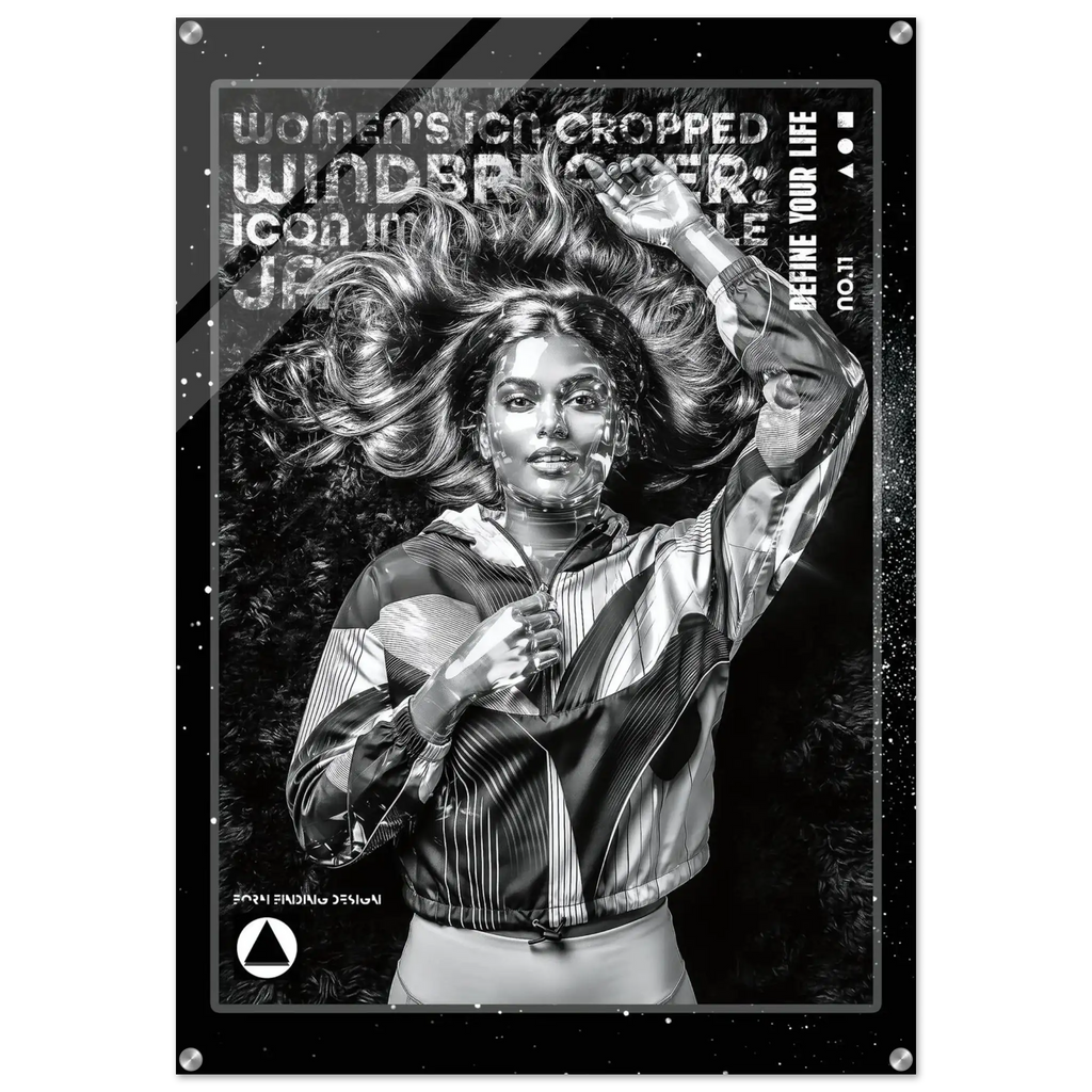 A black and white graphic art print featuring a stylized portrait of a woman with dramatic hair, bold distressed text, and a dark textured background, presented as a square poster or print with a thin border.