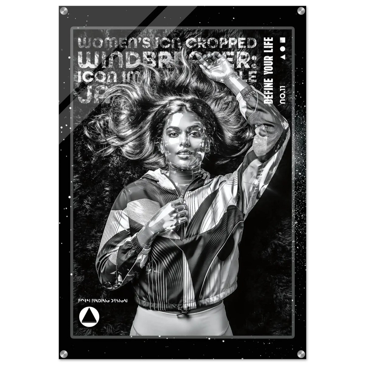 A black and white graphic art print featuring a stylized portrait of a woman with dramatic hair, bold distressed text, and a dark textured background, presented as a square poster or print with a thin border.