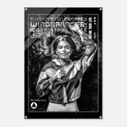 A black and white fashion poster print featuring a woman with flowing hair wearing a striped jacket, with distressed text including 'WOMEN'S ICON CROPPED WINDBREAKER' and 'DEFINE YOUR LIFE'.