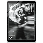 A black and white graphic poster or print featuring a stylized woman with motion-blur effects and bold text reading 'WOMEN'S ICON CROPPED WINDBREAKER' and 'DEFINE YOUR LIFE'. The design is monochrome with a dark border and small white speckles, shown against a light gray background.