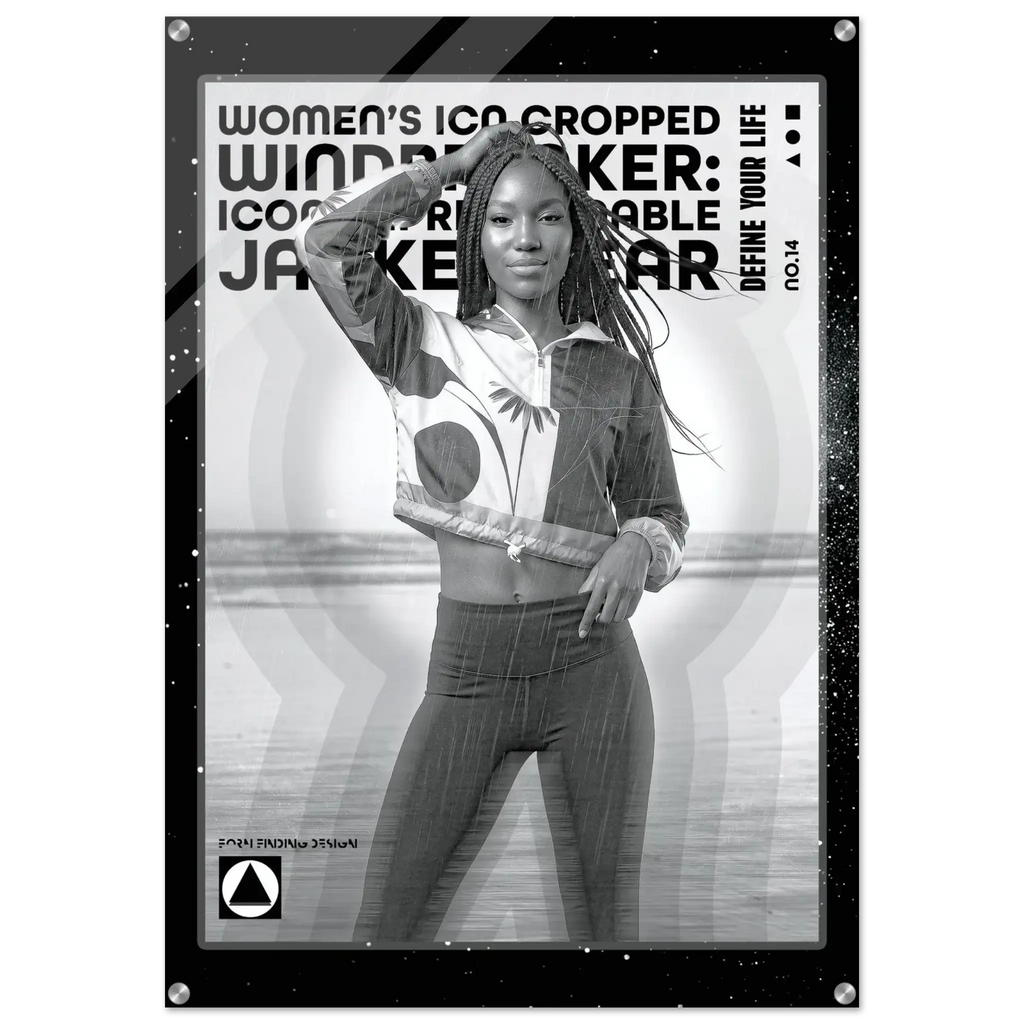 A black and white fashion poster featuring a woman posing in a cropped zip-up jacket and leggings, with bold text reading 'WOMEN'S ICON CROPPED WINDBREAKER: ICON IMPRESSIONABLE JACKETWEAR' and a visible FFD logo at the bottom.