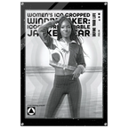 A black and white fashion poster featuring a woman posing in a cropped zip-up jacket and leggings, with bold text reading 'WOMEN'S ICON CROPPED WINDBREAKER: ICON IMPRESSIONABLE JACKETWEAR' and a visible FFD logo at the bottom.