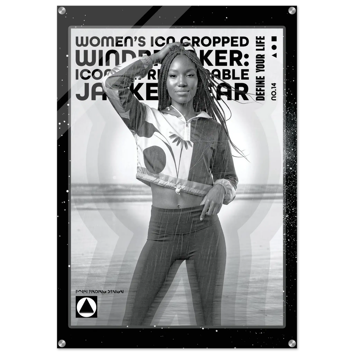 A black and white fashion poster featuring a woman posing in a cropped zip-up jacket and leggings, with bold text reading 'WOMEN'S ICON CROPPED WINDBREAKER: ICON IMPRESSIONABLE JACKETWEAR' and a visible FFD logo at the bottom.