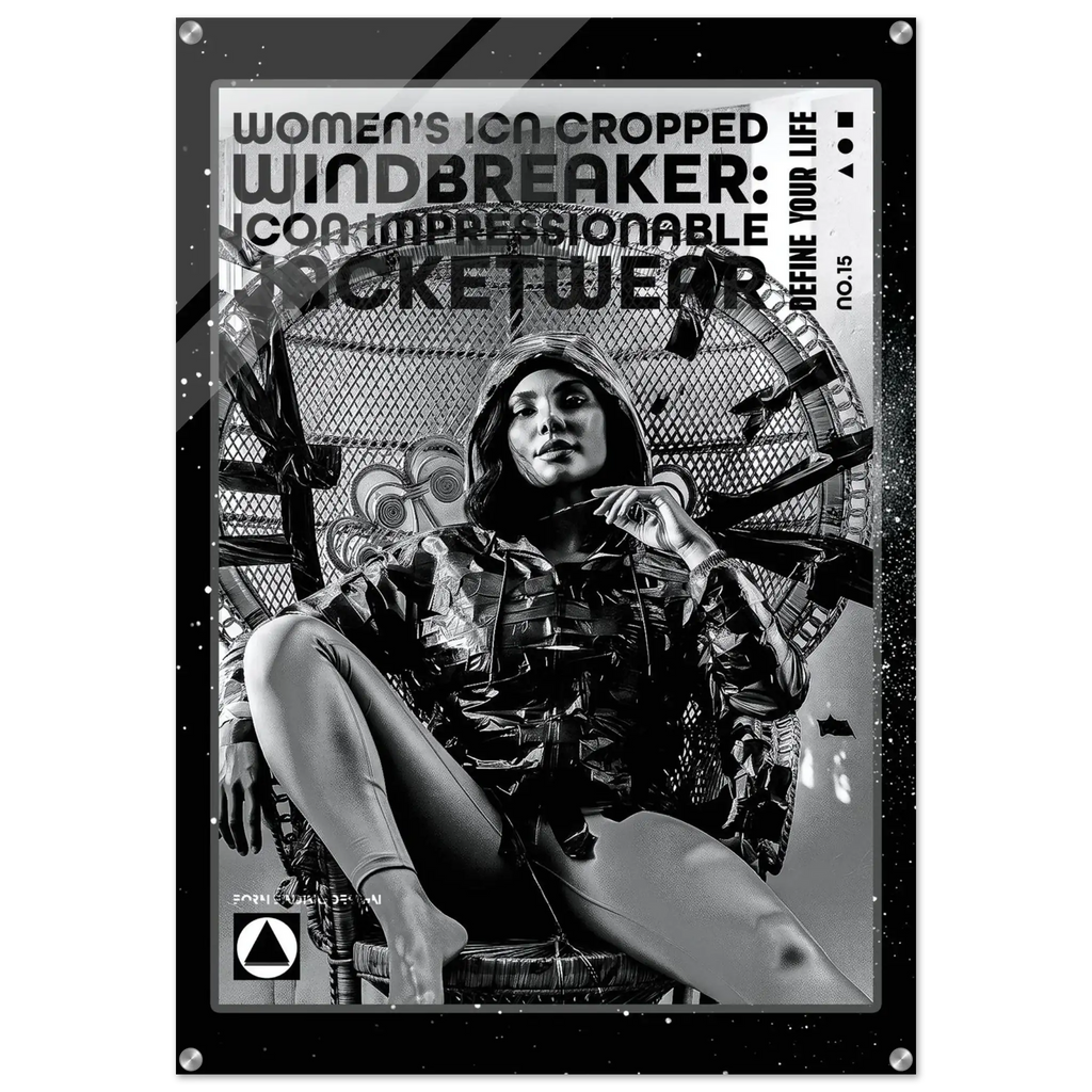 A black and white fashion poster for 'Women's Icon Cropped Windbreaker' featuring a seated model in a shiny jacket against a circular industrial background.