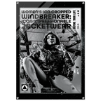 A black and white fashion poster for 'Women's Icon Cropped Windbreaker' featuring a seated model in a shiny jacket against a circular industrial background.