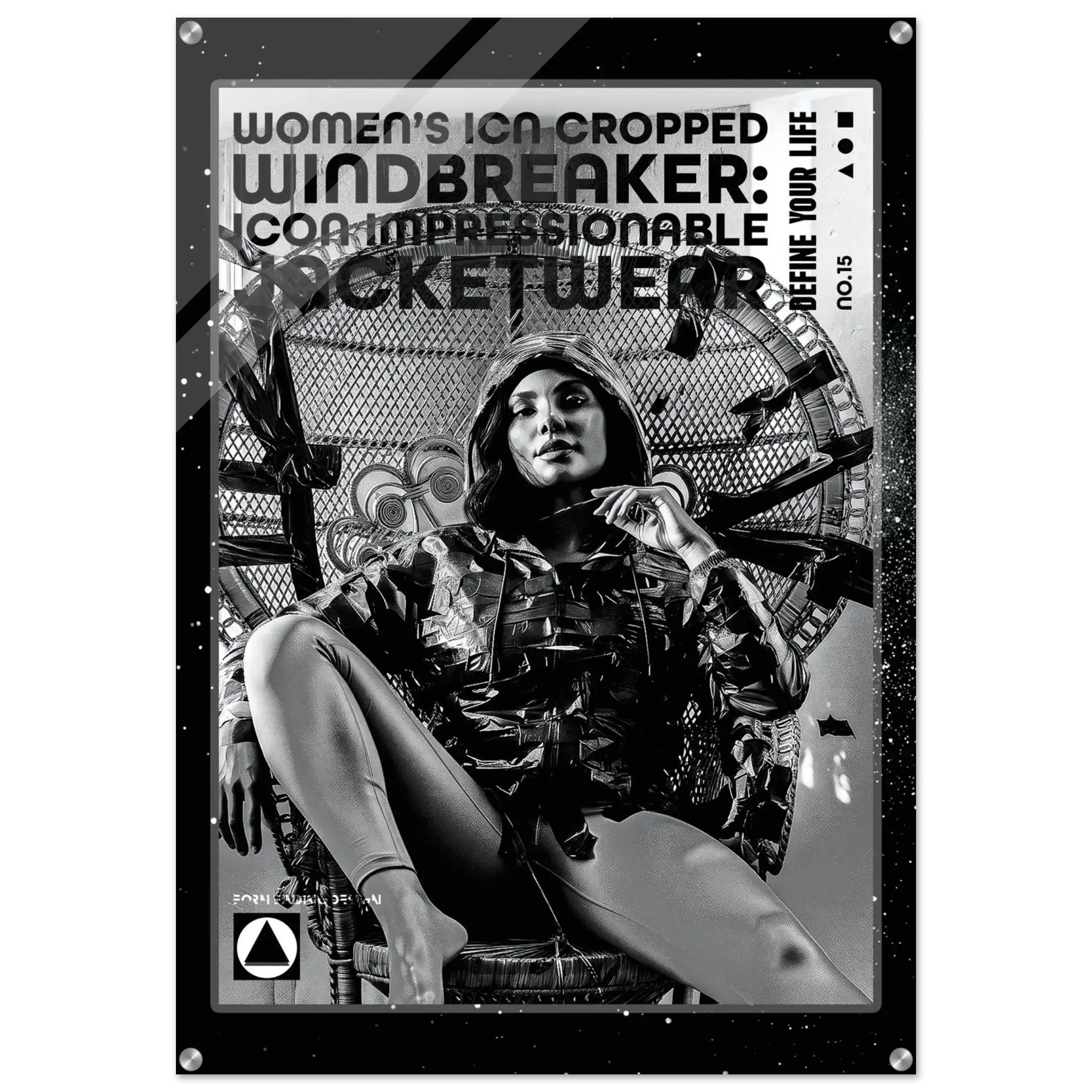 A black and white fashion poster for 'Women's Icon Cropped Windbreaker' featuring a seated model in a shiny jacket against a circular industrial background.