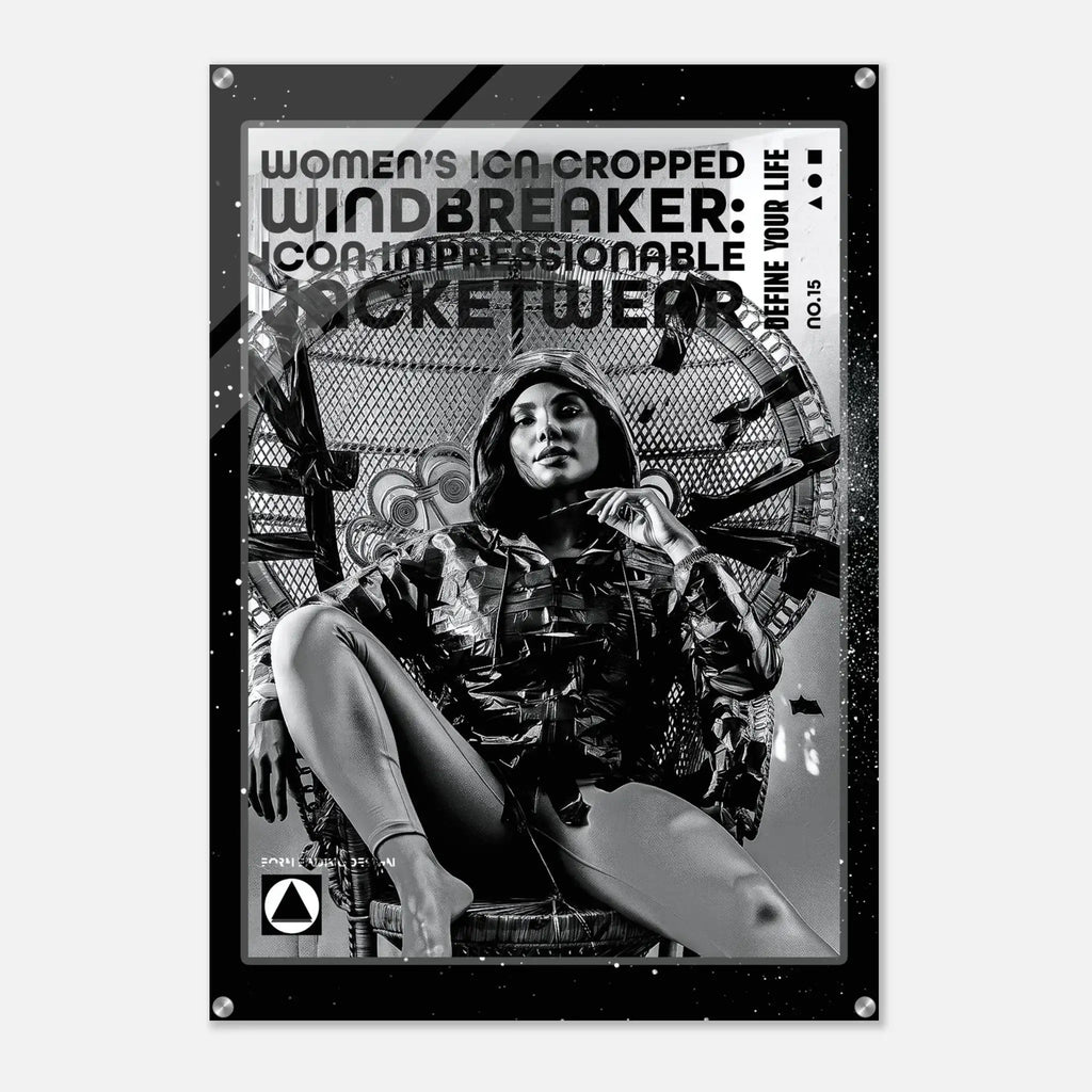 A black and white fashion poster for 'Women's Icon Cropped Windbreaker: icon Impressionable jacketwear' featuring a seated woman in a leather jacket, displayed on a light gray background with a subtle drop shadow.