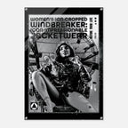 A black and white fashion poster for 'Women's Icon Cropped Windbreaker: icon Impressionable jacketwear' featuring a seated woman in a leather jacket, displayed on a light gray background with a subtle drop shadow.