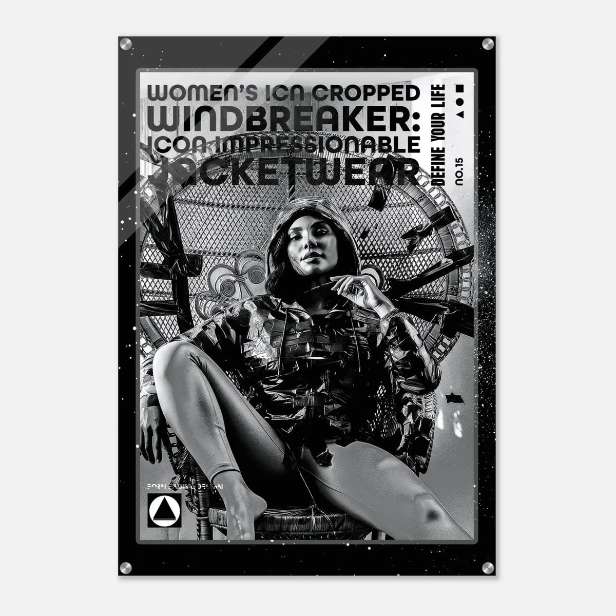 A black and white fashion poster for 'Women's Icon Cropped Windbreaker: icon Impressionable jacketwear' featuring a seated woman in a leather jacket, displayed on a light gray background with a subtle drop shadow.