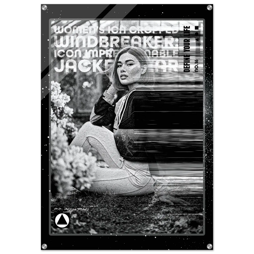A black and white fashion poster print featuring a seated woman in a dark jacket and light pants, with bold text overlays including 'WOMEN'S ICON IMPRESSIONABLE JACKETWEAR'. The poster is shown hanging against a white wall with visible wall hooks at the corners.