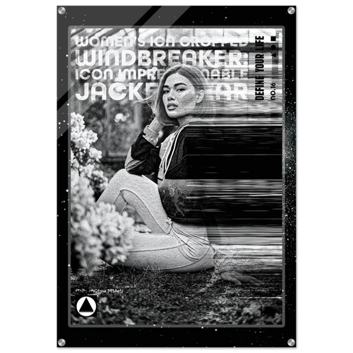 A black and white fashion poster print featuring a seated woman in a dark jacket and light pants, with bold text overlays including 'WOMEN'S ICON IMPRESSIONABLE JACKETWEAR'. The poster is shown hanging against a white wall with visible wall hooks at the corners.