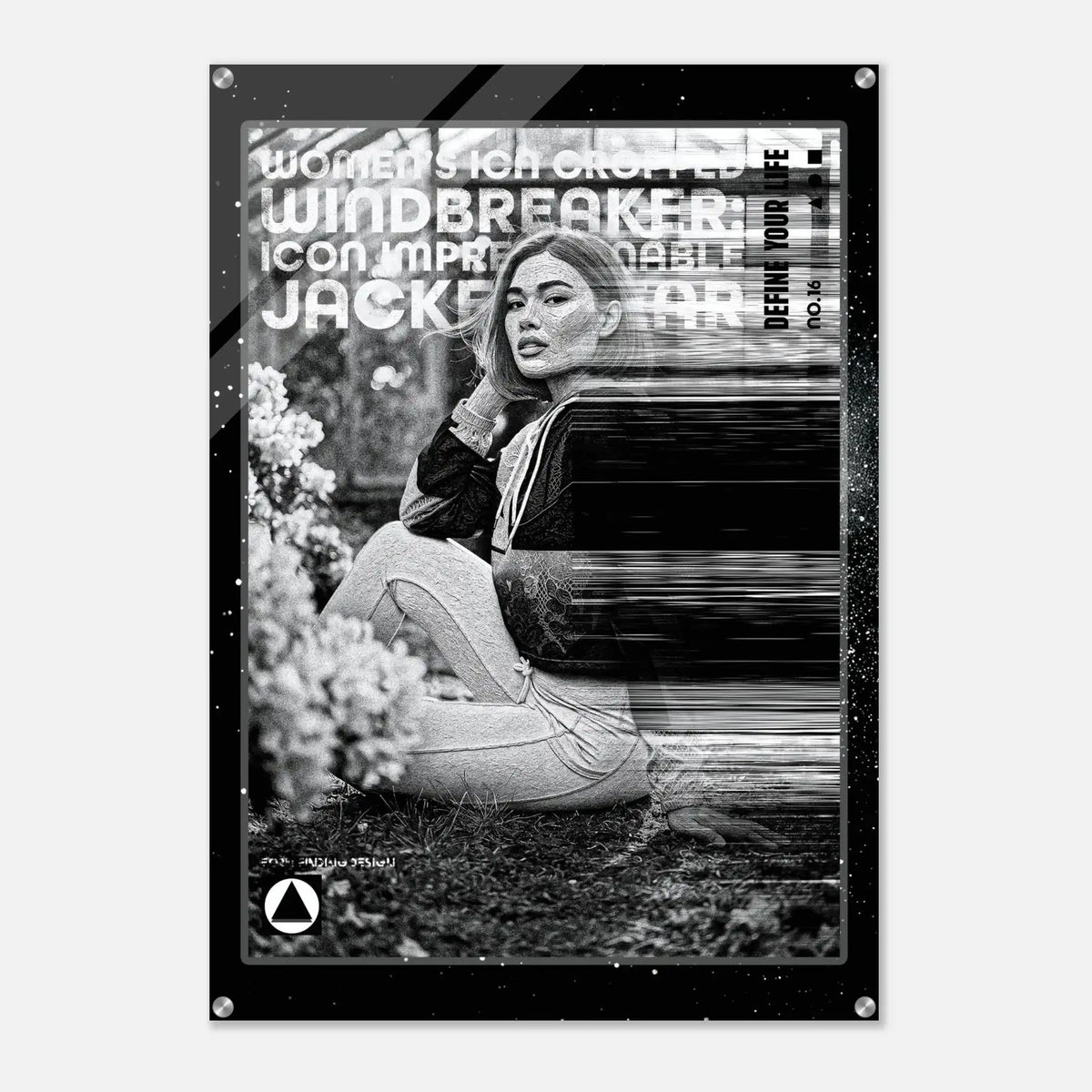 A black and white fashion poster print featuring a seated woman with text overlays including 'WOMEN ICON CROPPED WINDBREAKER', 'ICON IMPRESSIONABLE JACKETWEAR', and 'DEFINE YOUR LIFE No.06'.