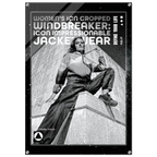 A black and white fashion poster featuring a model in a cropped windbreaker jacket and wide-leg pants, with bold text reading 'WOMEN'S ICON CROPPED WINDBREAKER: ICON IMPRESSIONABLE JACKET WEAR' and 'DEFINE YOUR LIFE'.