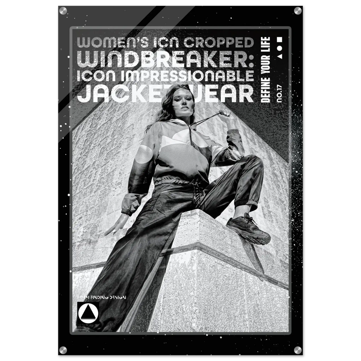 A black and white fashion poster featuring a model in a cropped windbreaker jacket and wide-leg pants, with bold text reading 'WOMEN'S ICON CROPPED WINDBREAKER: ICON IMPRESSIONABLE JACKET WEAR' and 'DEFINE YOUR LIFE'.