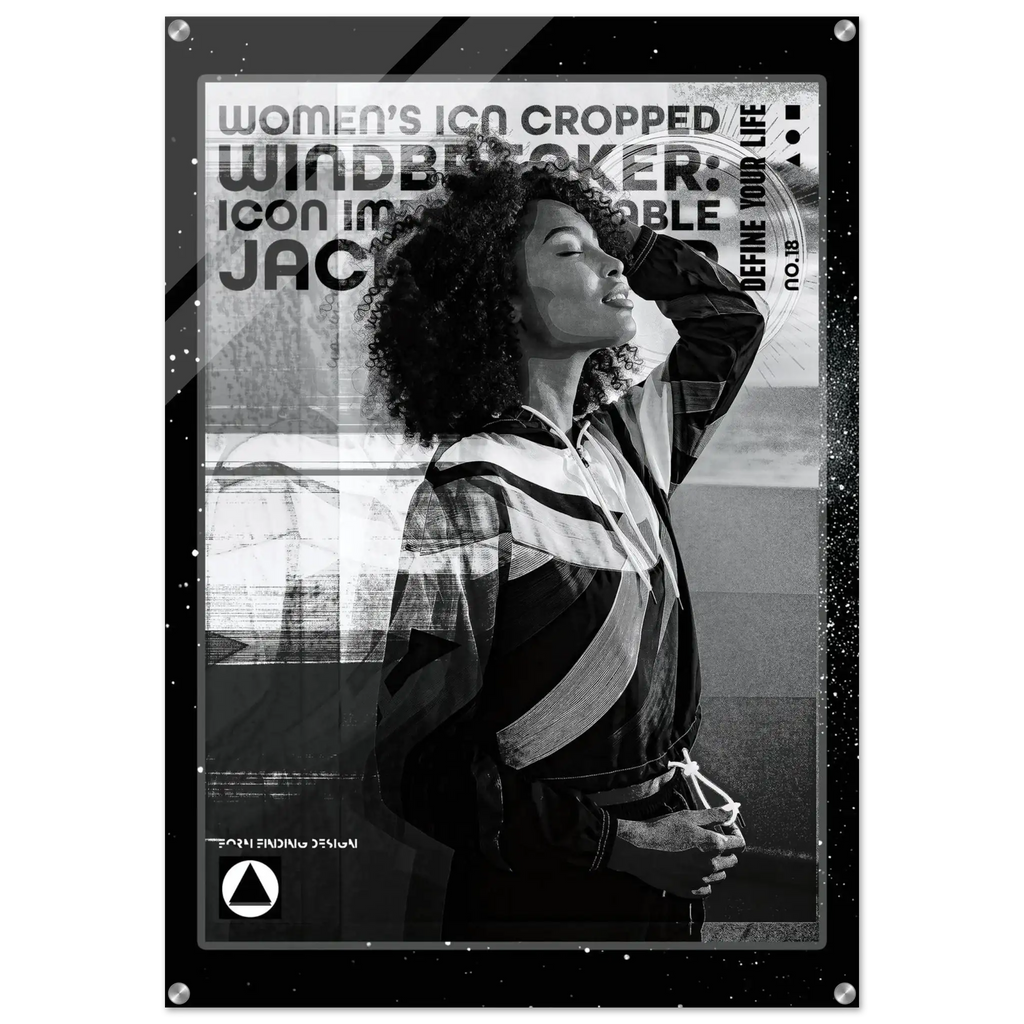 A black and white fashion poster featuring a cropped portrait of a woman in a striped jacket, with bold text reading 'WOMEN'S ICON CROPPED WINDBREAKER: ICON IMPRESSIONABLE JACKETWEAR' and a visible FFD logo at the bottom.