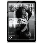 A black and white fashion poster featuring a cropped portrait of a woman in a striped jacket, with bold text reading 'WOMEN'S ICON CROPPED WINDBREAKER: ICON IMPRESSIONABLE JACKETWEAR' and a visible FFD logo at the bottom.