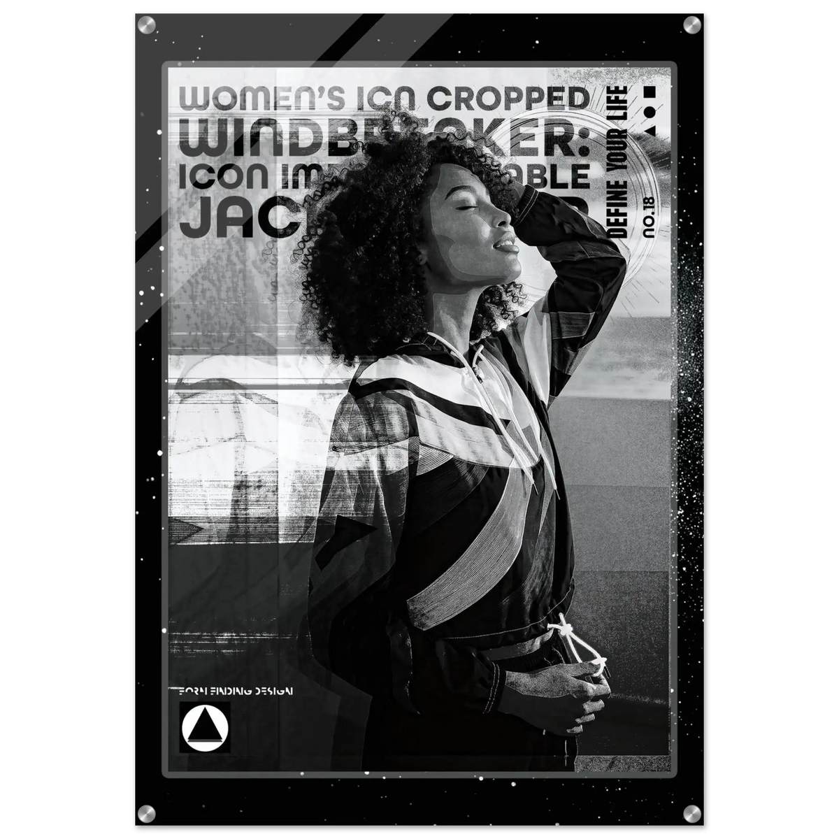 A black and white fashion poster featuring a cropped portrait of a woman in a striped jacket, with bold text reading 'WOMEN'S ICON CROPPED WINDBREAKER: ICON IMPRESSIONABLE JACKETWEAR' and a visible FFD logo at the bottom.