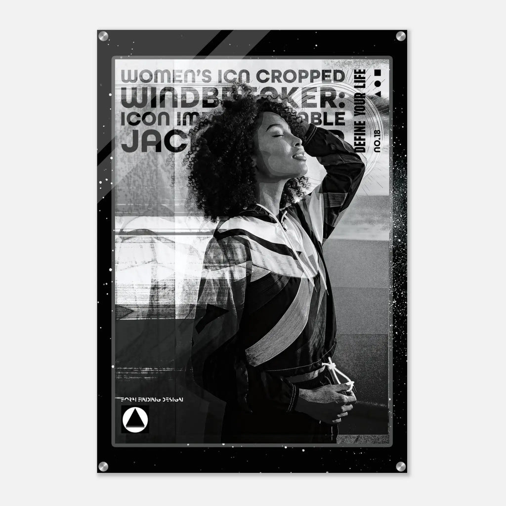 A black and white poster print featuring a stylized portrait of a woman with the text 'WOMEN'S ICON CROPPED WINDBREAKER: ICON IMPRESSIONABLE JACKETWEAR' and a small FFD logo near the bottom, shown against a light gray background.