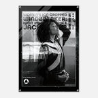 A black and white poster print featuring a stylized portrait of a woman with the text 'WOMEN'S ICON CROPPED WINDBREAKER: ICON IMPRESSIONABLE JACKETWEAR' and a small FFD logo near the bottom, shown against a light gray background.