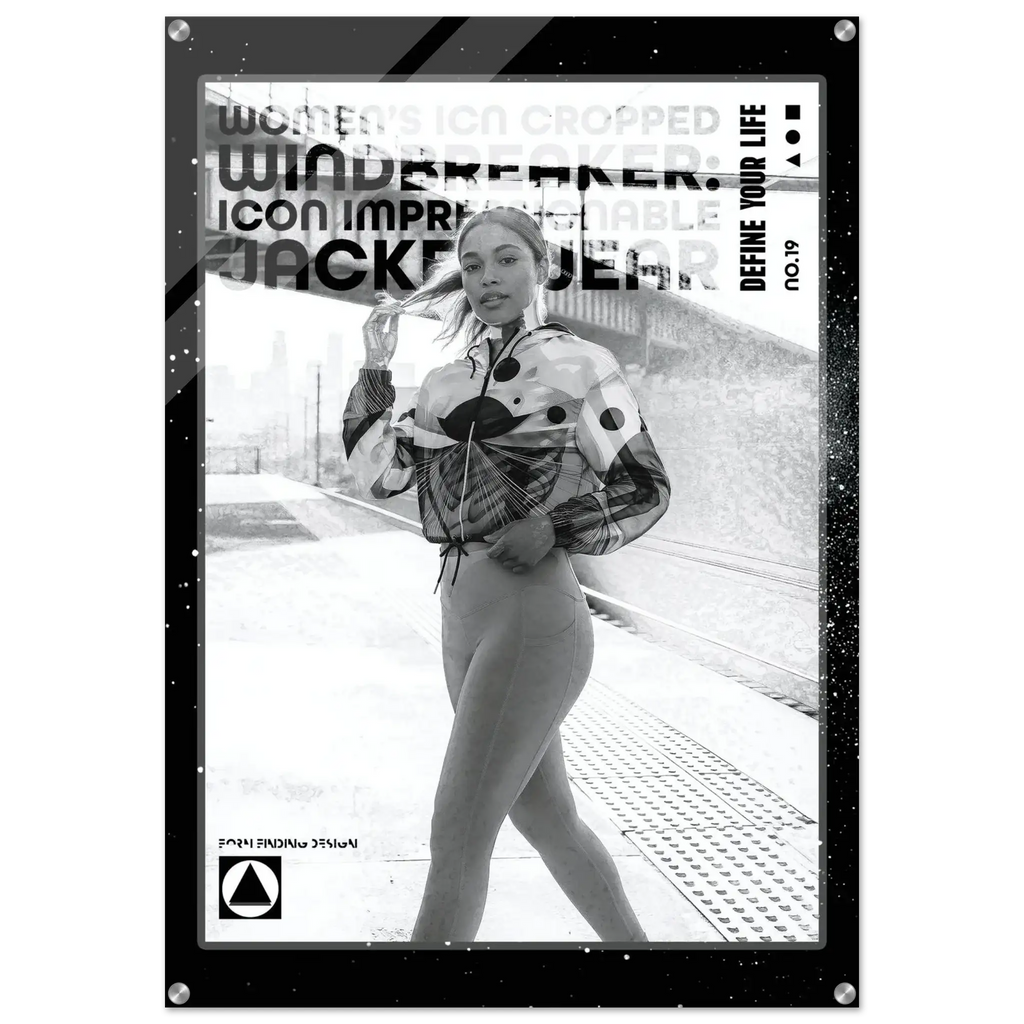 A black and white fashion poster featuring a model in a patterned jacket and fitted pants on a platform, with bold text including 'WINDBREAKER', 'JACKETWEAR', and 'DEFINE YOUR LIFE'.