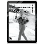 A black and white fashion poster featuring a model in a patterned jacket and fitted pants on a platform, with bold text including 'WINDBREAKER', 'JACKETWEAR', and 'DEFINE YOUR LIFE'.