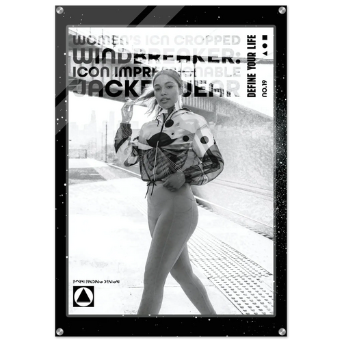 A black and white fashion poster featuring a model in a patterned jacket and fitted pants on a platform, with bold text including 'WINDBREAKER', 'JACKETWEAR', and 'DEFINE YOUR LIFE'.