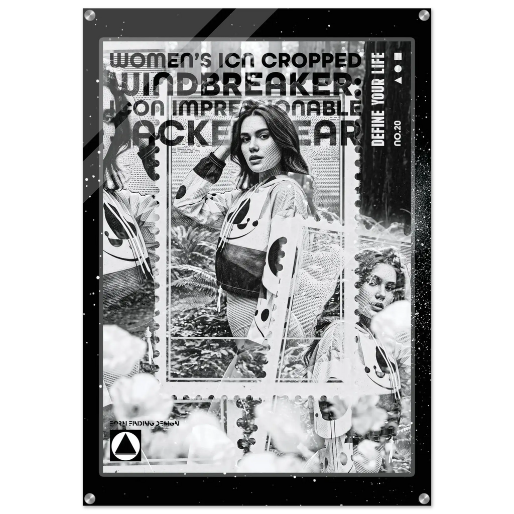 A black metal-framed acrylic wall art print featuring a black-and-white collage of a woman in a windbreaker jacket, with bold text including 'WOMEN'S ICON CROPPED WINDBREAKER' and 'ICON IMPRESSIONABLE JACKETWEAR'.