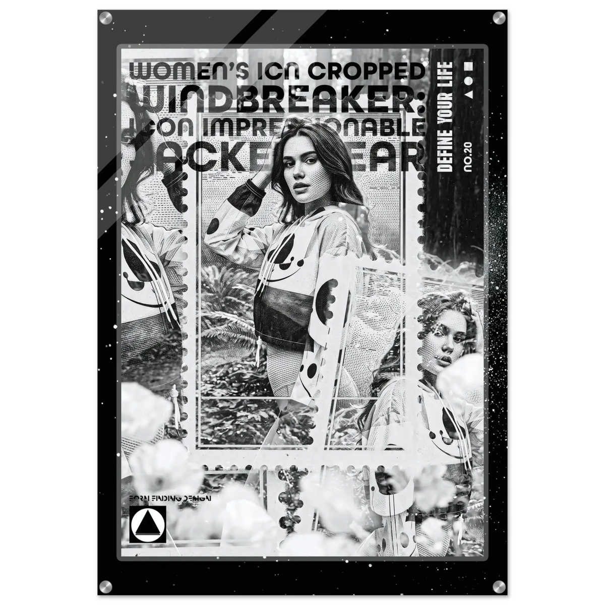 A black metal-framed acrylic wall art print featuring a black-and-white collage of a woman in a windbreaker jacket, with bold text including 'WOMEN'S ICON CROPPED WINDBREAKER' and 'ICON IMPRESSIONABLE JACKETWEAR'.
