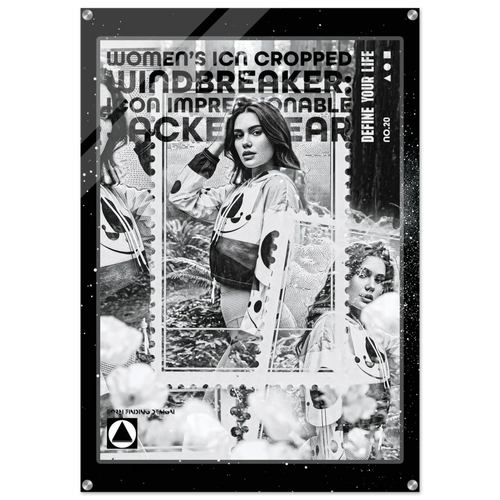 A black metal-framed acrylic wall art print featuring a black-and-white collage of a woman in a windbreaker jacket, with bold text including 'WOMEN'S ICON CROPPED WINDBREAKER' and 'ICON IMPRESSIONABLE JACKETWEAR'.