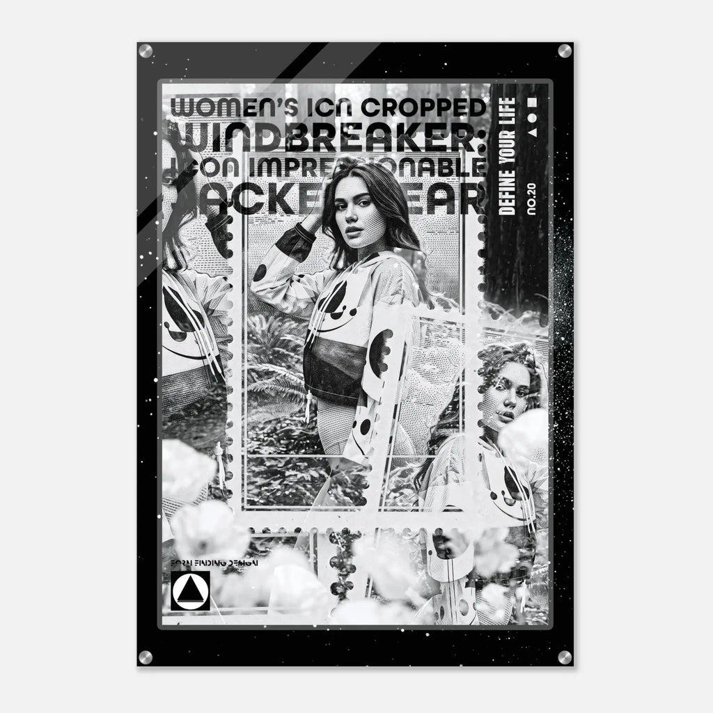 A black-framed art print or poster featuring a monochrome collage with fashion imagery, distressed text, and a central woman in a white jacket, shown against a light gray background.
