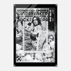 A black-framed art print or poster featuring a monochrome collage with fashion imagery, distressed text, and a central woman in a white jacket, shown against a light gray background.