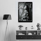 A black and white poster of titled 'Women's Icon Cropped: Windbreaker Icon Impression', displayed on a light gray wall in a modern, minimalist room setting with a tripod floor lamp and a wooden shelf.