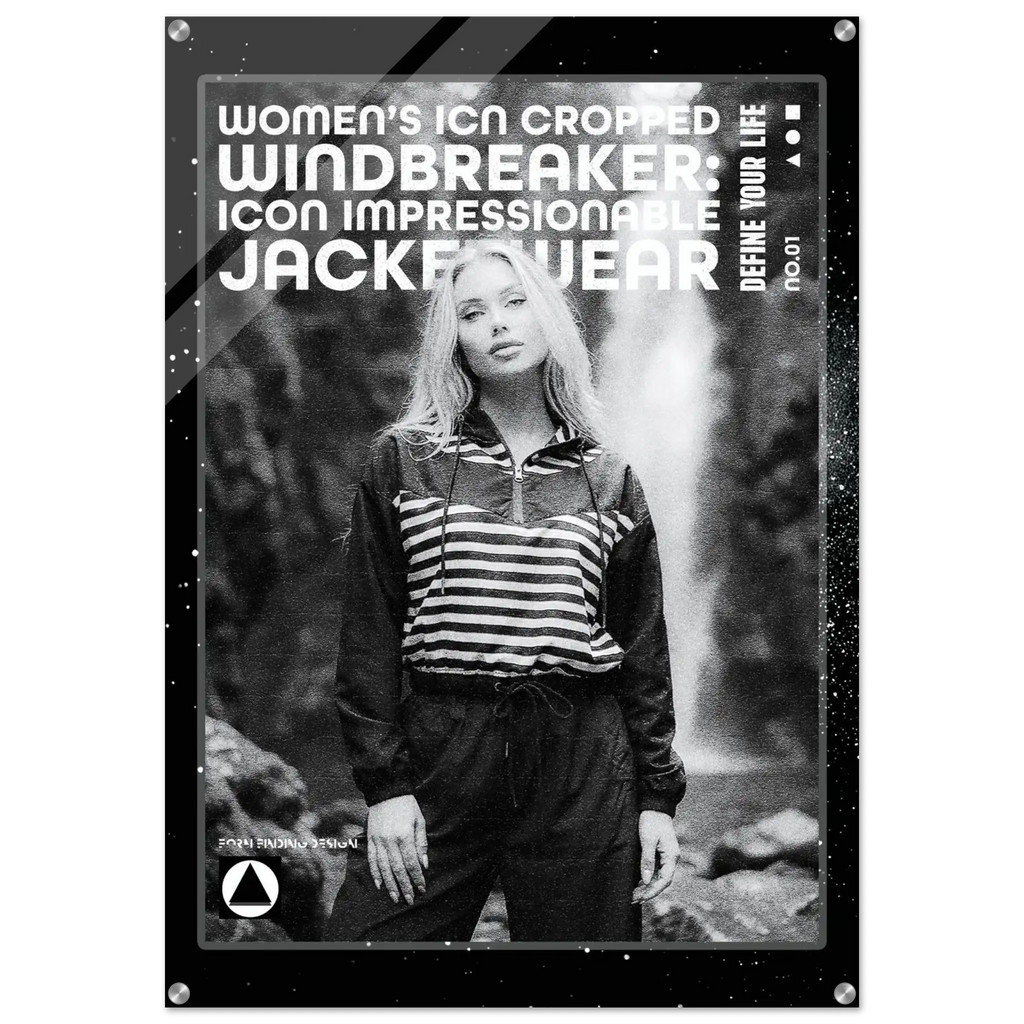 A black and white promotional poster-style graphic featuring a woman outdoors in front of a waterfall, wearing a striped zip-front jacket and dark pants. Large text at the top reads 'WOMEN'S ICON CROPPED WINDBREAKER ICON IMPRESSIONABLE JACKETWEAR' with smaller text 'DEFINE YOUR LIFE'.