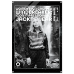 A black and white promotional poster-style graphic featuring a woman outdoors in front of a waterfall, wearing a striped zip-front jacket and dark pants. Large text at the top reads 'WOMEN'S ICON CROPPED WINDBREAKER ICON IMPRESSIONABLE JACKETWEAR' with smaller text 'DEFINE YOUR LIFE'.