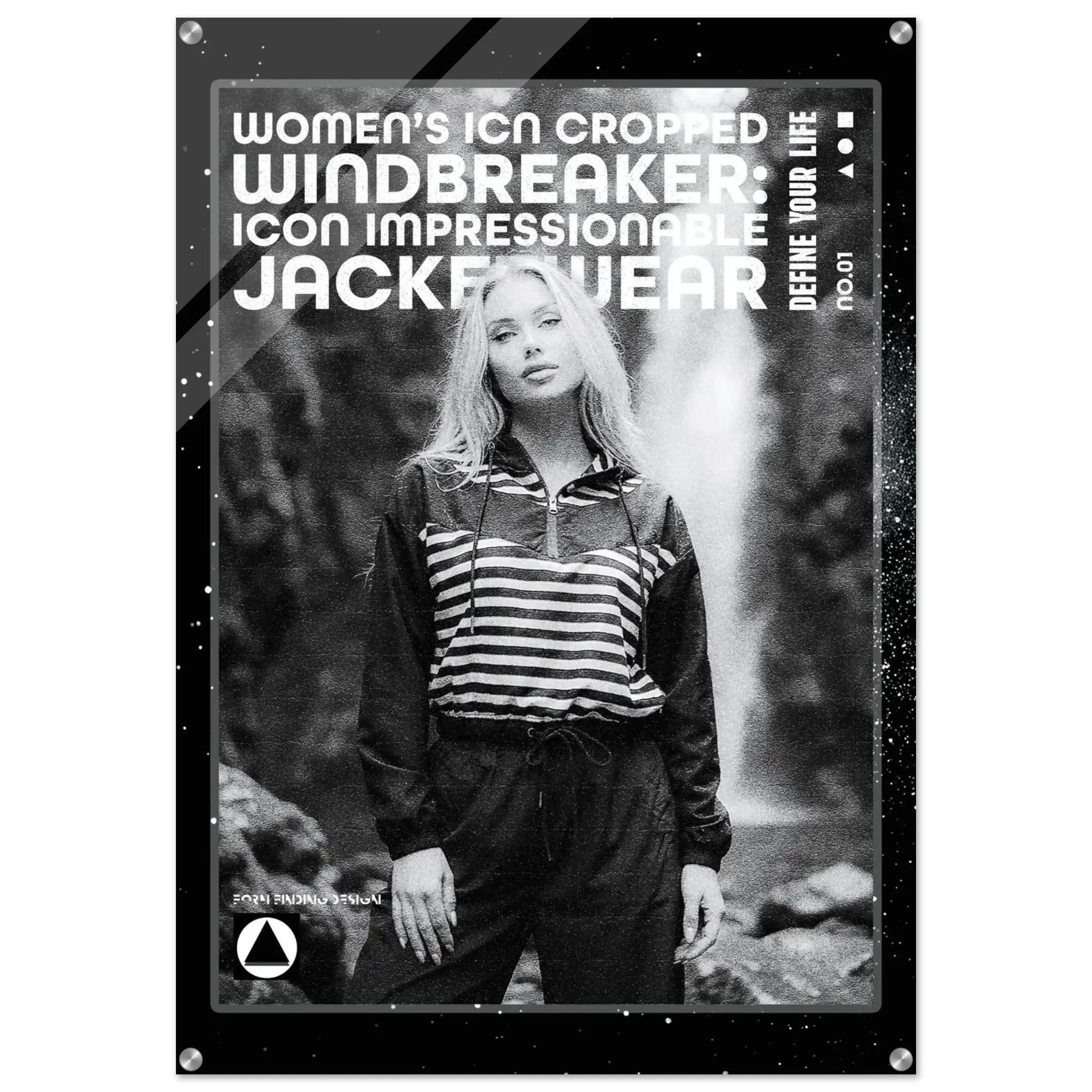 A black and white promotional poster-style graphic featuring a woman outdoors in front of a waterfall, wearing a striped zip-front jacket and dark pants. Large text at the top reads 'WOMEN'S ICON CROPPED WINDBREAKER ICON IMPRESSIONABLE JACKETWEAR' with smaller text 'DEFINE YOUR LIFE'.