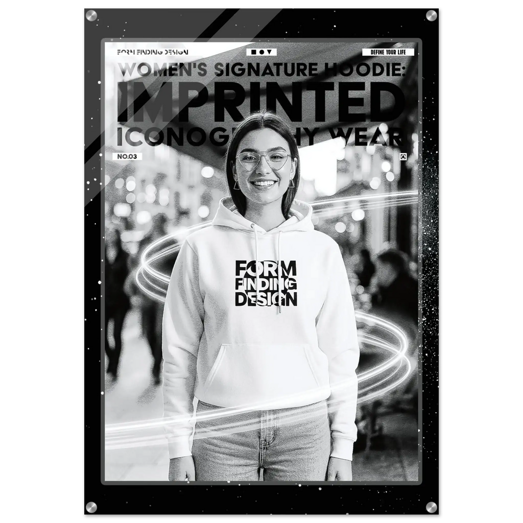 A black and white promotional poster or print featuring a smiling woman in a hoodie with bold text reading 'FORM FINDING DESIGN' and additional large text across the top. The print is shown against a dark background with a subtle border and small decorative elements.