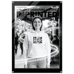 A black and white promotional poster or print featuring a smiling woman in a hoodie with bold text reading 'FORM FINDING DESIGN' and additional large text across the top. The print is shown against a dark background with a subtle border and small decorative elements.