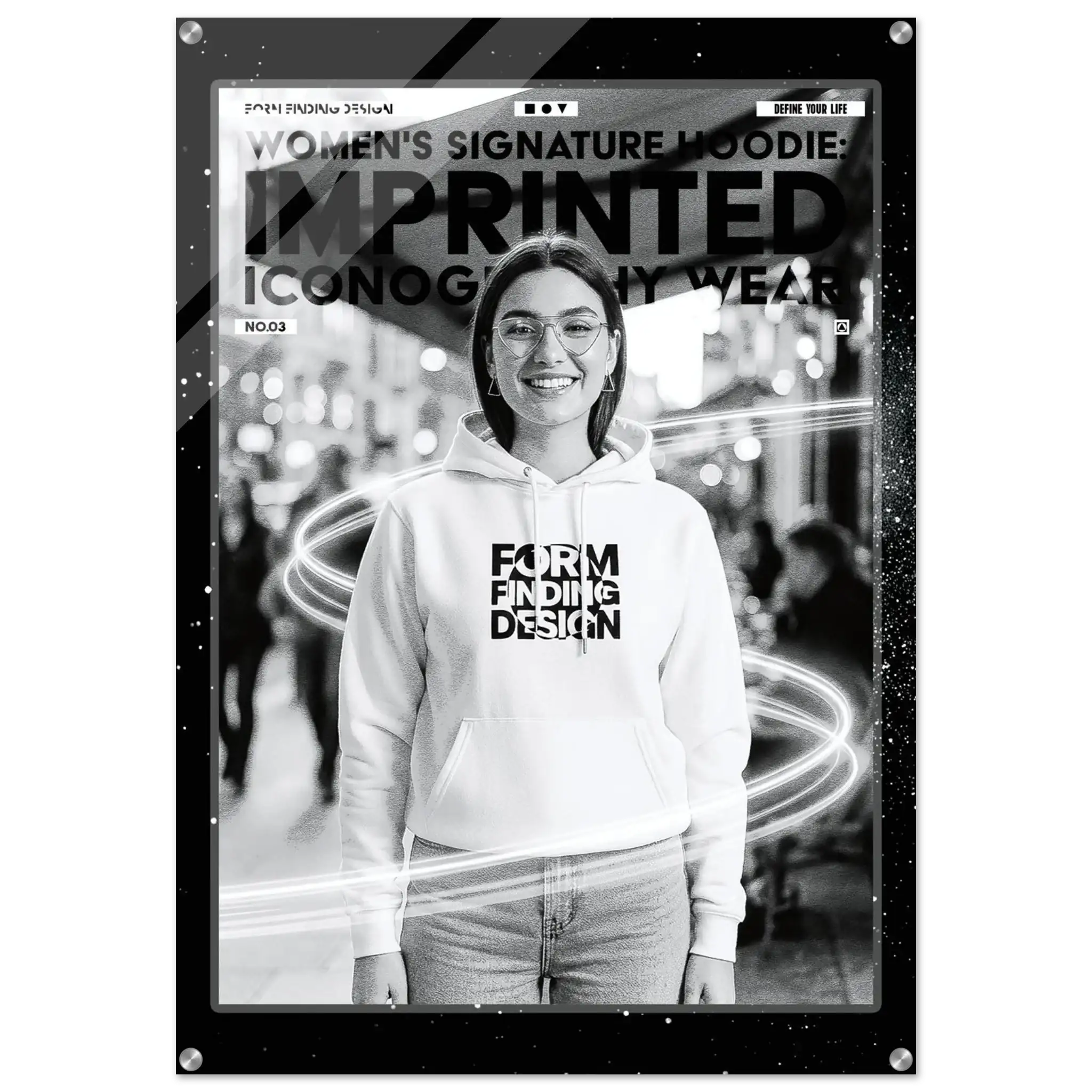A black and white promotional poster or print featuring a smiling woman in a hoodie with bold text reading 'FORM FINDING DESIGN' and additional large text across the top. The print is shown against a dark background with a subtle border and small decorative elements.