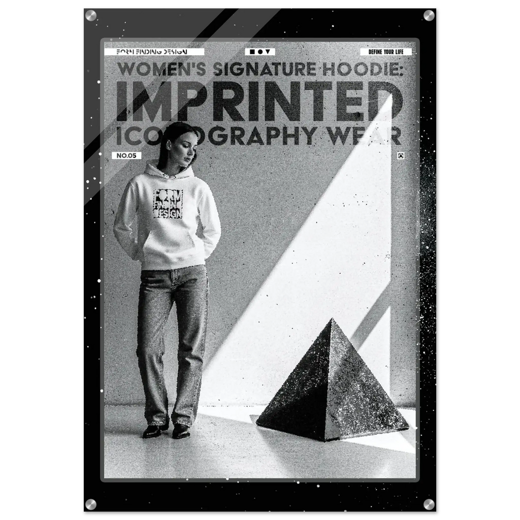 A black and white fashion poster-style product image for a women's signature hoodie. A person stands wearing a light hoodie with a graphic print and jeans, beside a large geometric pyramid shape.