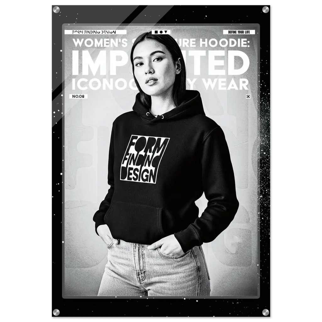 A black women's hoodie with a bold white graphic reading 'FORM FINDING DESIGN' on the front, shown on a model in a grayscale magazine-style poster layout with the text 'WOMEN'S SIGNATURE HOODIE ICONOGRAPHY WEAR'.