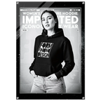 A black women's hoodie with a bold white graphic reading 'FORM FINDING DESIGN' on the front, shown on a model in a grayscale magazine-style poster layout with the text 'WOMEN'S SIGNATURE HOODIE ICONOGRAPHY WEAR'.
