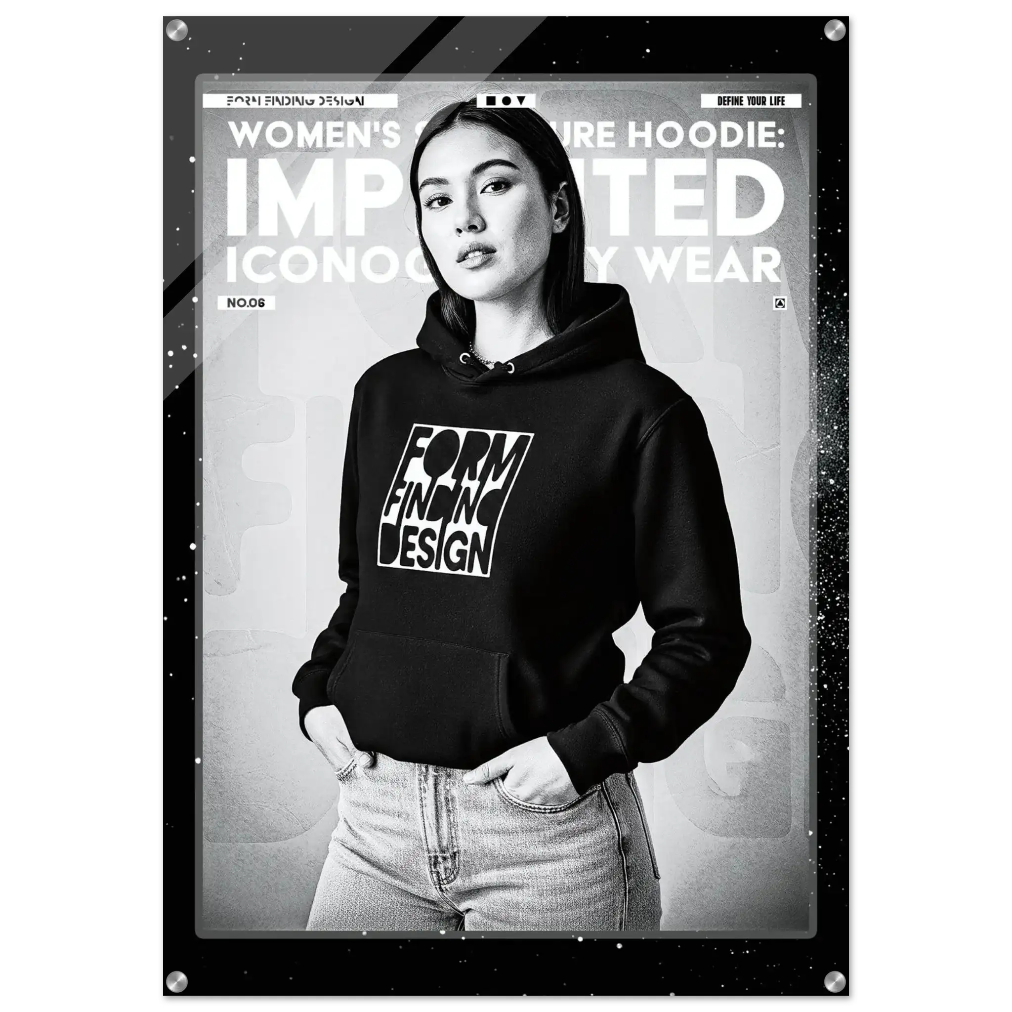 A black women's hoodie with a bold white graphic reading 'FORM FINDING DESIGN' on the front, shown on a model in a grayscale magazine-style poster layout with the text 'WOMEN'S SIGNATURE HOODIE ICONOGRAPHY WEAR'.