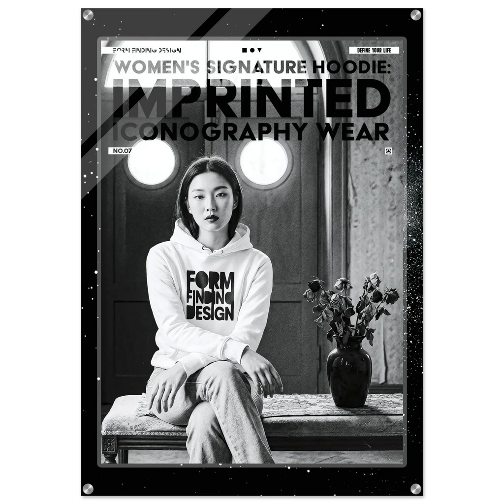 A black and white fashion poster-style image featuring a seated woman wearing a hoodie with the text 'FORM FINDING DESIGN.' Large overlaid text reads 'WOMEN'S SIGNATURE HOODIE: IMPRINTED ICONOGRAPHY WEAR.