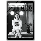 A black and white fashion poster-style image featuring a seated woman wearing a hoodie with the text 'FORM FINDING DESIGN.' Large overlaid text reads 'WOMEN'S SIGNATURE HOODIE: IMPRINTED ICONOGRAPHY WEAR.