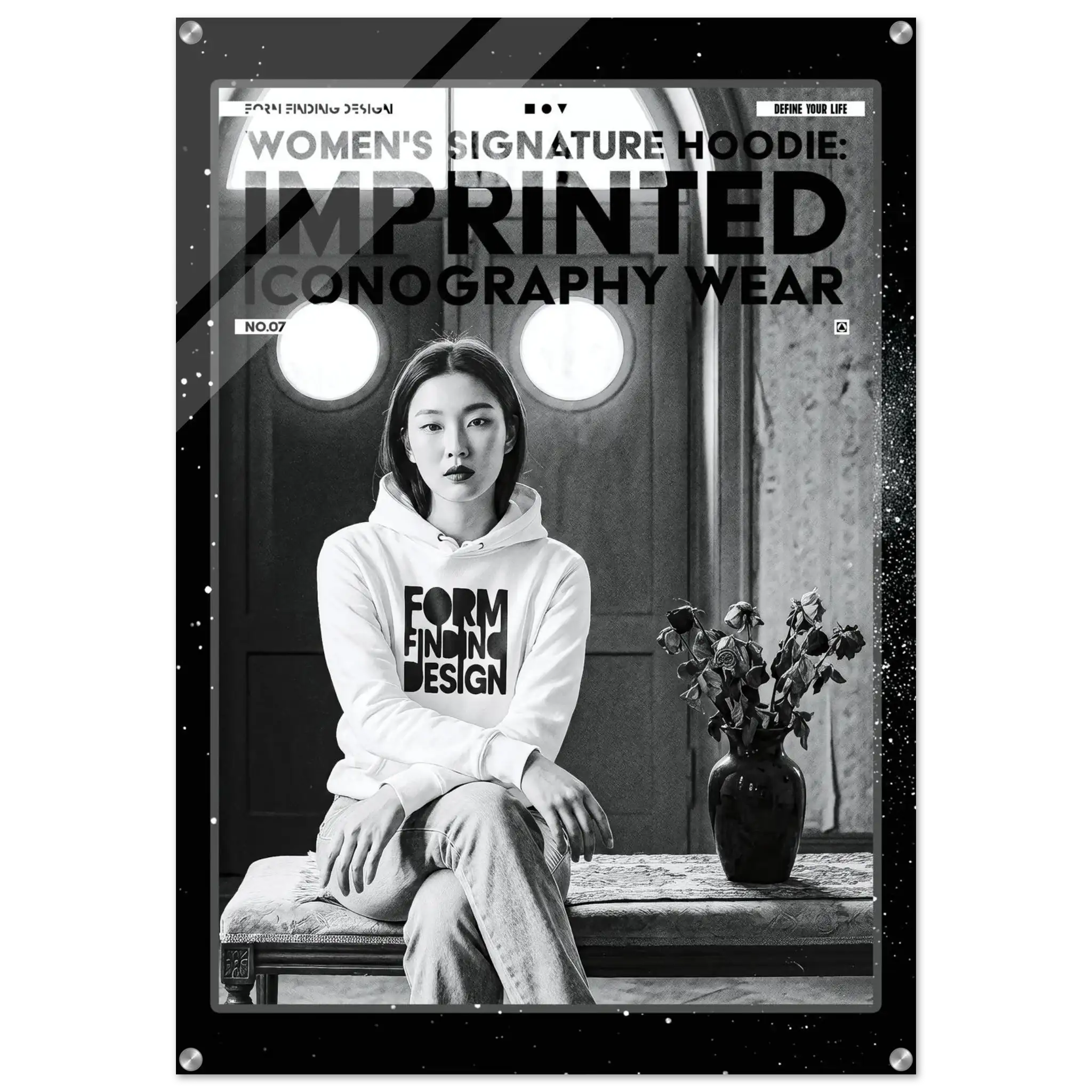 A black and white fashion poster-style image featuring a seated woman wearing a hoodie with the text 'FORM FINDING DESIGN.' Large overlaid text reads 'WOMEN'S SIGNATURE HOODIE: IMPRINTED ICONOGRAPHY WEAR.