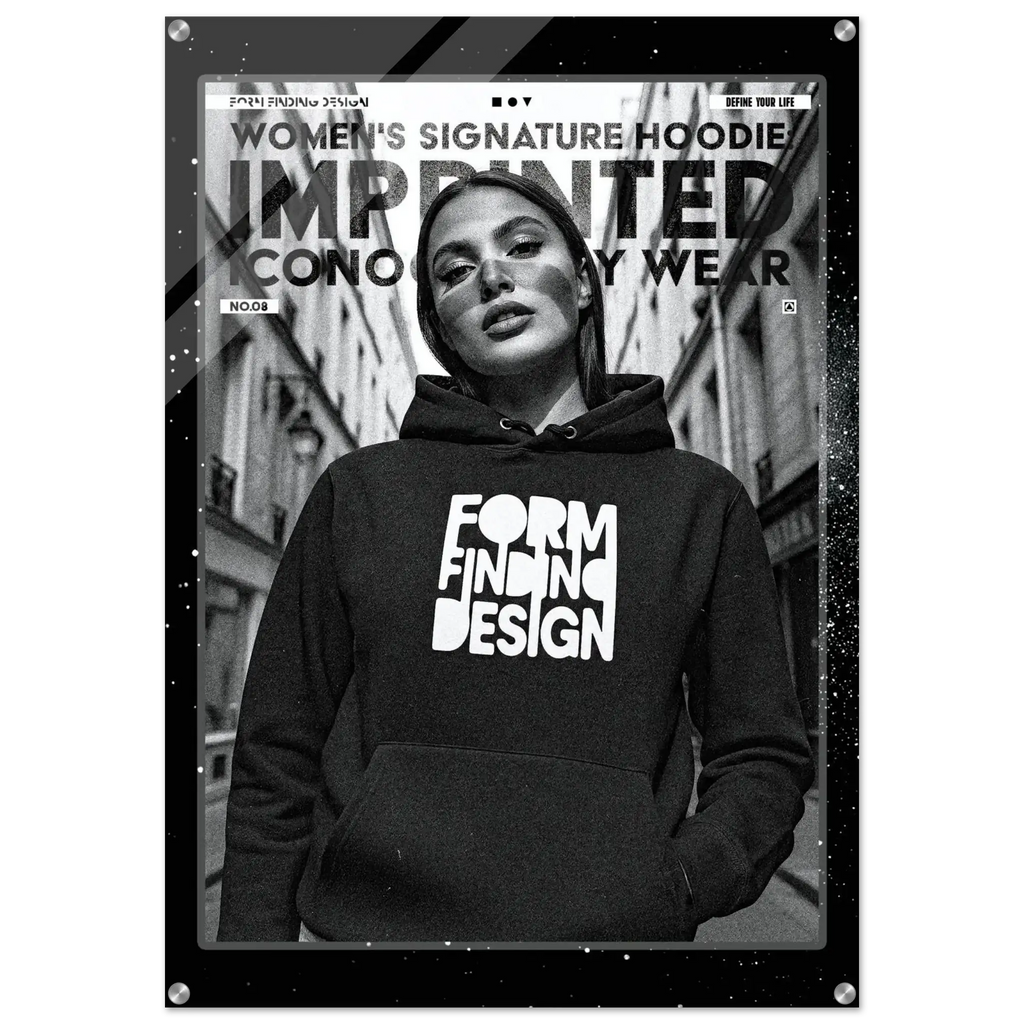 A black graphic hoodie with the words 'FORM FINDING DESIGN' printed in white on the front, worn by a model in a black-and-white street scene. The image is presented as a framed poster-style product shot with text reading 'WOMEN'S SIGNATURE HOODIE IMPRINTED ICONOGRAPHY WEAR'.